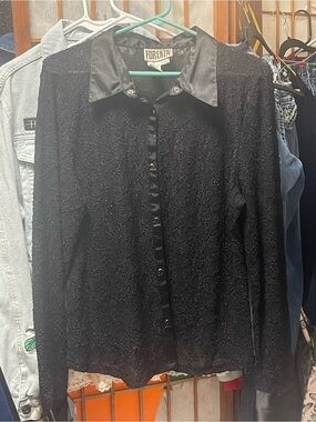 #110 Vintage Forenza Black Lace Satin-Collar Button Shirt